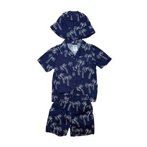 Little Rebels Outfit 3pc Set Boys 3T Navy Blue Palm Tree Shirt Shorts Bucket Hat